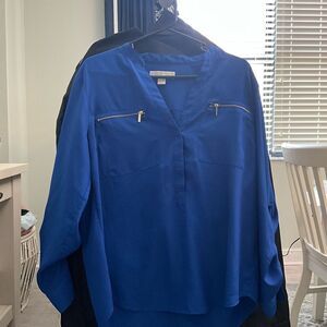 Michael Kors Blue Boxy Blouse with Mandarin Collar and 3/4 Sleeves